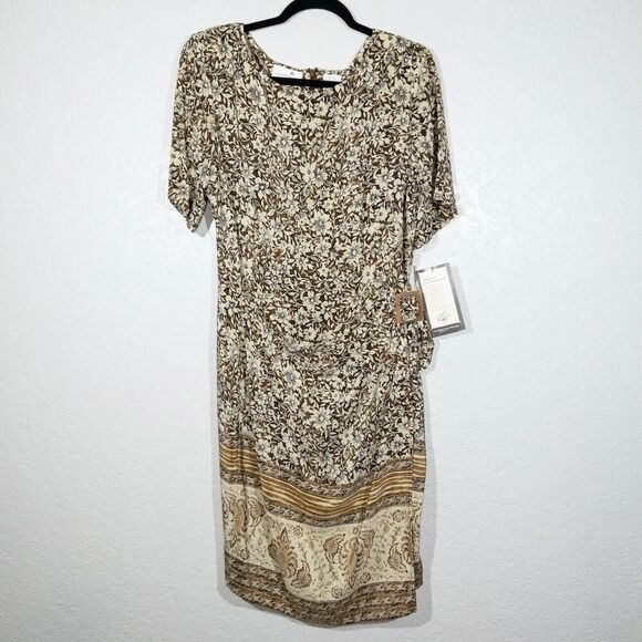 NWT Liz Claiborne Tan Tribal 100% Silk Wrap Dress Size 16 - Picture 1 of 9